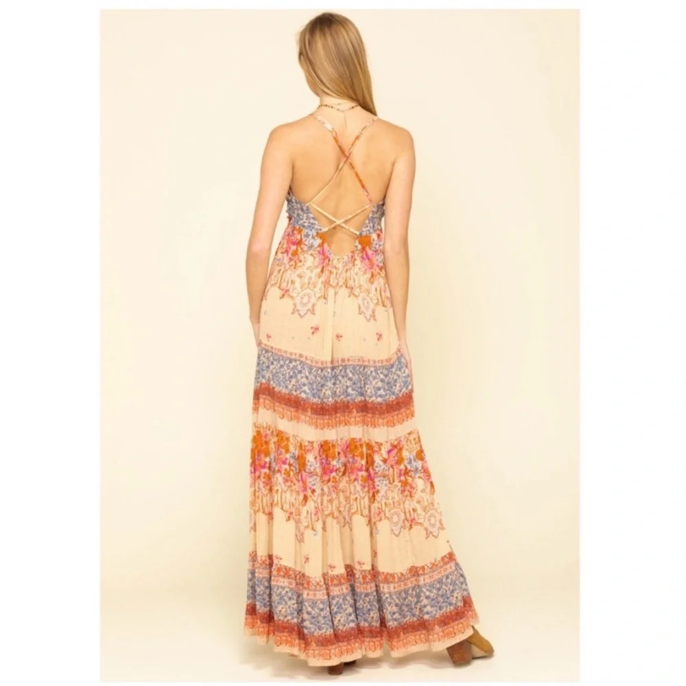 Free People Beige Floral Tiered Maxi Dress with Red and Blue Accents - Picture 12 of 13